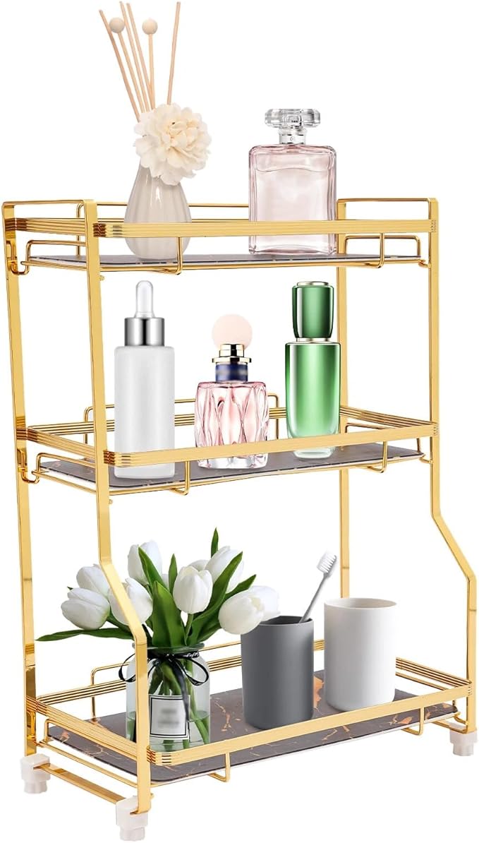 Bathroom Countertop Organizer, Gold Cosmetics Perfume Storage Display Rack Bathroom Counter Organizer for Small Spaces Skincare Makeup