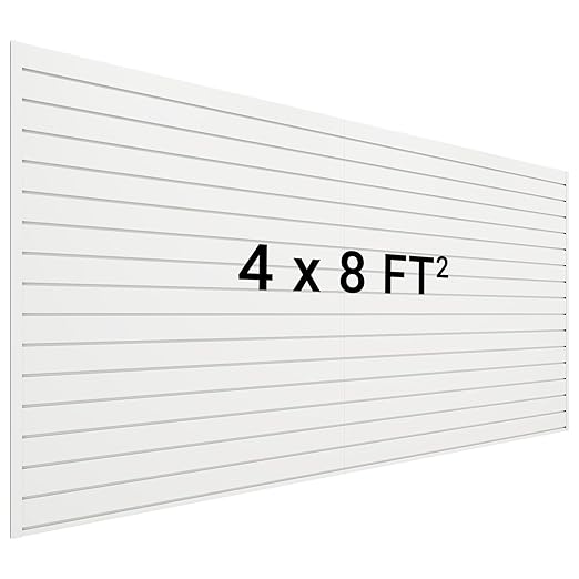 Slatwall Panel 8 FT x 4 FT, Interlocking Slat Wall Paneling, Wall Mounted PVC Wallpanel, Suitable for Garage Storage and Organizer, Slatwall Board, Shelves - White