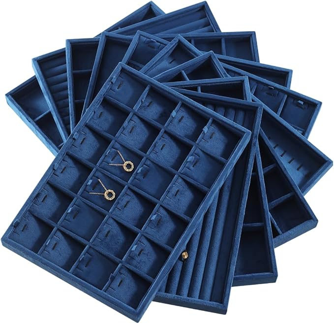 Velvet Jewelry Display Tray For Bracelet Pendant Necklace, Multi-Slot Stackable Storage Tray For Long Chain Jewelries, Drawer Insert Jewelry Organizer (Blue)