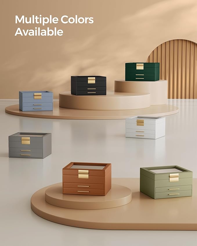 SONGMICS Jewelry Box Organizer with Glass Lid, 3-Layer Jewelry Storage, with 2 Drawers, Modern Style, Christmas Gift, 8 x 9.1 x 5.3 Inches, Avocado Green and Gold Color UJBC239C02