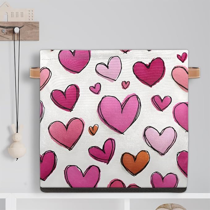TropicalLife 13x13x13 Inch Large Fabric Storage Cube Love Hearts Foldable Storage Bin with Handles Organizer Boxes Cube Basket for Shelves Organizing Closet