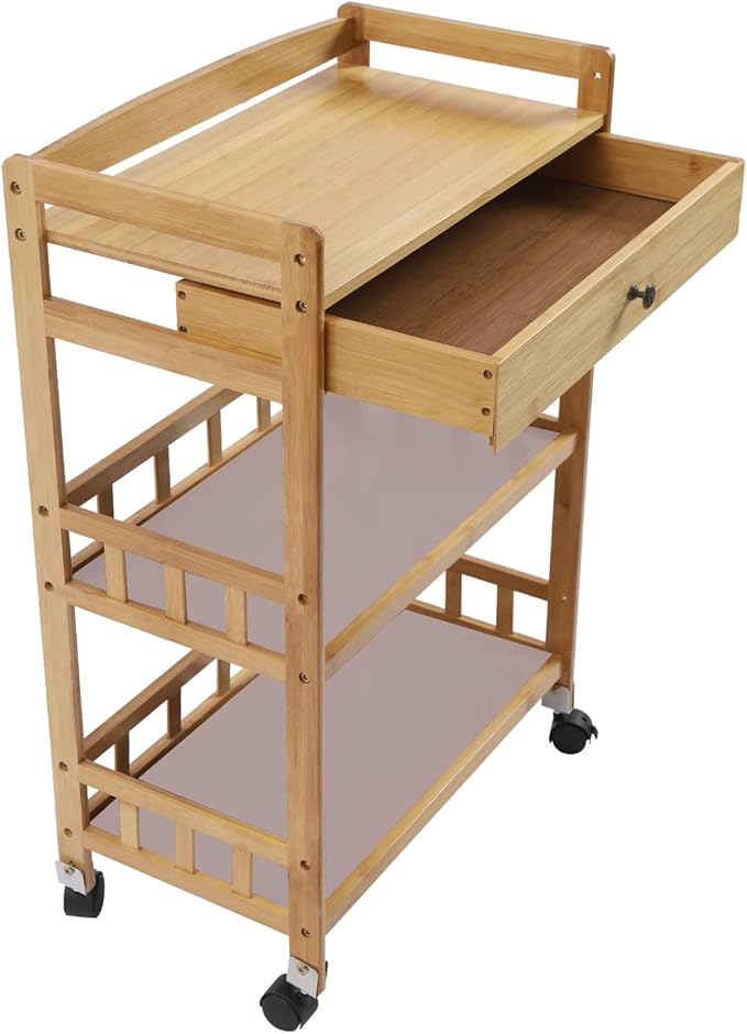 3 Tier Bamboo Storage Cart - Rolling Cart Removable Wood Trolley wit, Utility Cart Multi-Layer Storage Shelf Rack Bamboo Wine Rack with Wheels for Bar Dining Room Office Kitchen Kids' Room