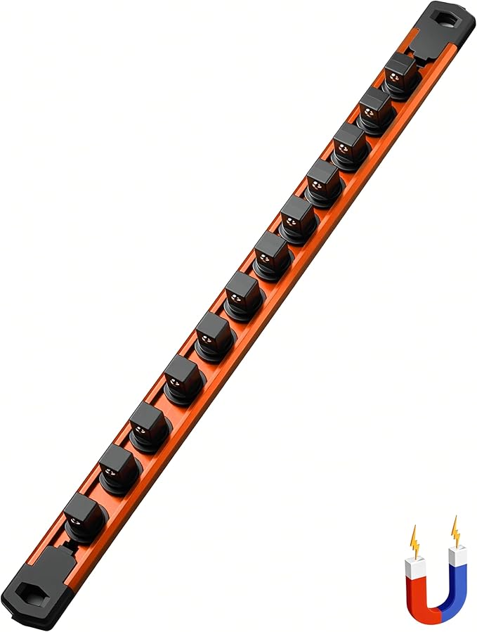 ALOANES 1/2-Inch Drive Magnetic Socket Organizer, Heavy Duty Aluminum Socket Rail Organizer, 360° Swivel Clips Socket Holder Kit for Tool Box, 1/2-Inch Socket Holder x 12 Clips (Orange)