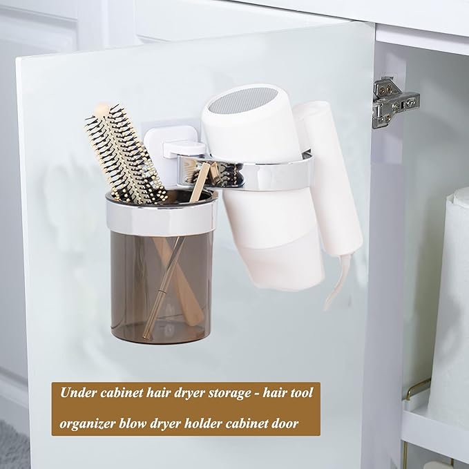 Hair Dryer Holder, Bathroom Blow Dryer Organizer with Storage Tray, Hair Care Tools Holder Wall Mount - Extra Large Rim (Silver+White, L 7.7”×W 4.1”×H 4.3”)