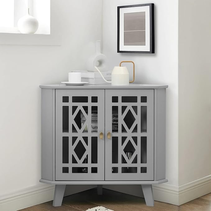 Scurrty 32'' Corner Shelf Stand, Small Corner Table Sideboard Cabinet with 2 Doors and 2-Tier Shelves, Free-Standing Corner Storage Organizer for Living Room, Dining Room & Bathroom (Grey)