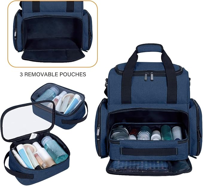 Large Makeup Cosmetic Bag with 3 Removable Case and 2 Removable Dividers Double Layer Travel Storage Organizer, Makeup Brushes Storage Section Blue