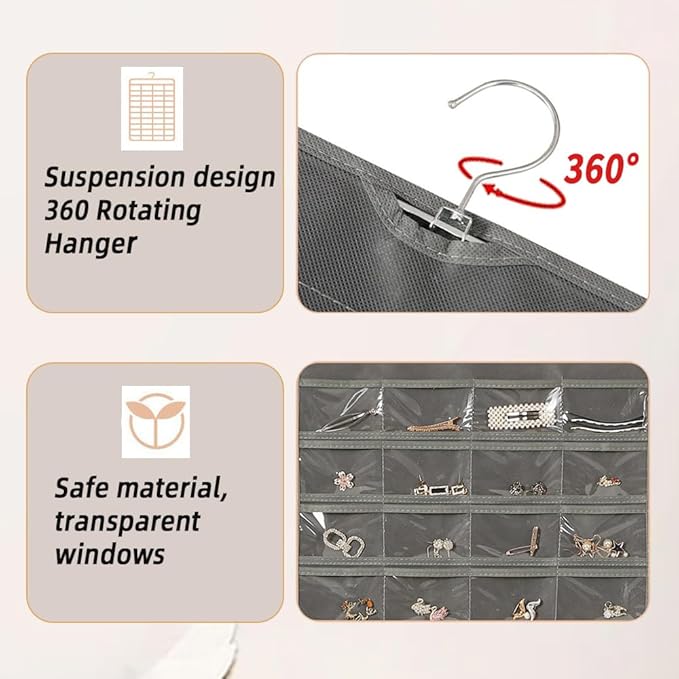 Hanging Jewelry Organizer Storage Earring Jewelry Storage Bag With 48 Pockets Necklace Bracelet Ring Glasses Accessory Display Rack (B80-Black)