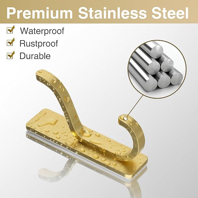 Gold Adhesive Wall Hooks for Hanging - Heavy Duty 13 lb Sticky Towel Hook for Bathroom, Door, Closet, Dorm, RV, Kitchen, Hanger for Coats, Bags, Keys, Purse, Clothes - Stainless Steel, 4 Pack