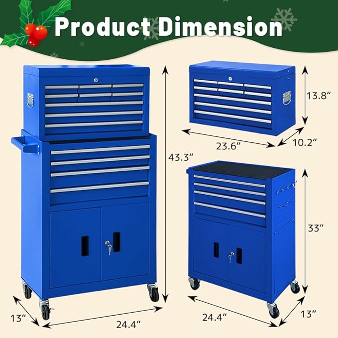 13-Drawer Rolling Tool Chest with Double Doors, 2 in 1 Detachable Rolling Tool Chest Combo, Mobile Tool Cabinet with Drawers, Metal Large Lockable Tool Box for Garage Workshop (Blue)