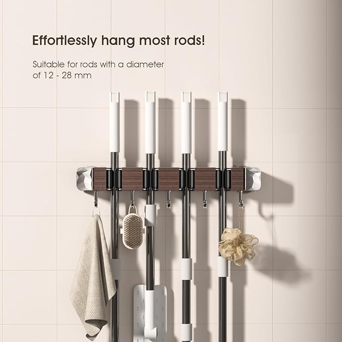 Suction Cup No Drilling Broom Holder Wall Mount, Walnut Color Mop Organizer Wall Hanging, 4 Racks 5 Hooks Tool Organizer Hanger Self Adhesive for Home, Garage, Garden, Laundry, Kitchen