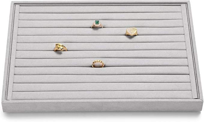 Jewelry Display Tray - Gray Microfiber Ring & Earring Organizer (13.8 x 9.4 Inches) - for Home or Store Use