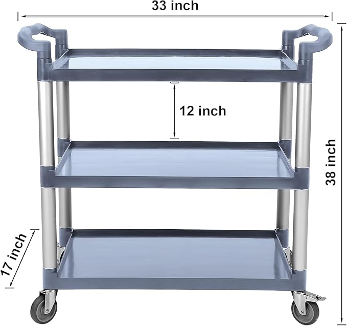 3-Tier Service Cart，3-Shelf Rolling Push Cart with Wheels，360 LBS Heavy Duty Utility Cart for Restaurant, Office, Kitchen & Hotel ，Grey