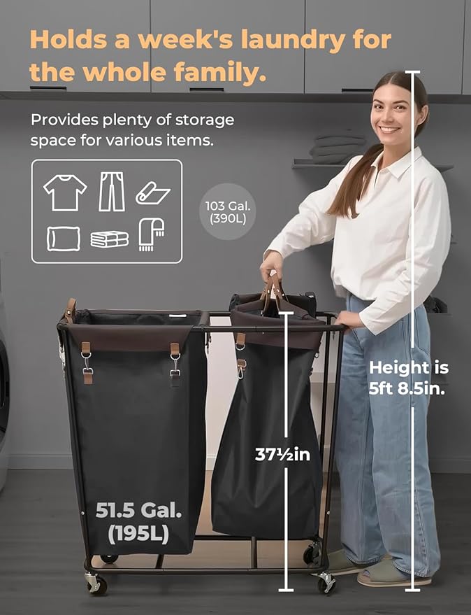 StorageWorks 390L Extra Large Lanudry Hamper with Wheels, Laundry Basket with Wheels 2 Sections, Clothes Sorter Cart with Divider for Hotel, Home, Black, 1-Pack