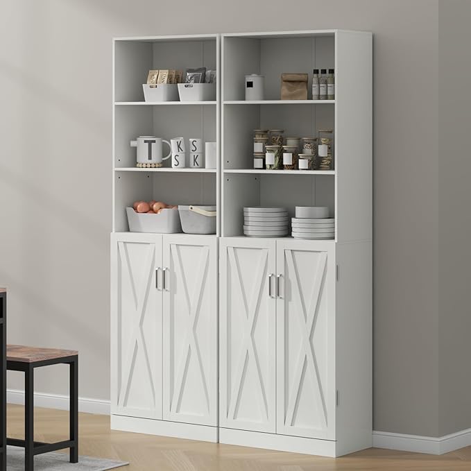 Loomie Industrial Bookshelf with Door, 6 Tier Farmhouse Book Shelf with Adjustable Shelves,70" Tall Display Etagere Bookcase,Floor Standing Unit Book Case Furniture for Home Office,Living Room (White)