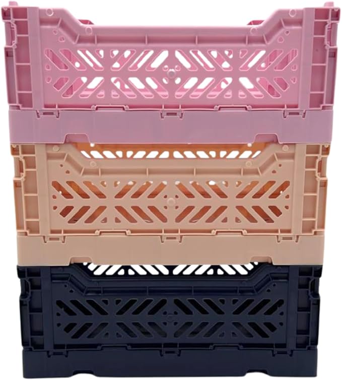 Collapsible Storage Box, Foldable Crate Organizer Bin with Handle, Stackable Crates for Home Organization (Navy-Lilac-Pink, 4L - 3-Pack)