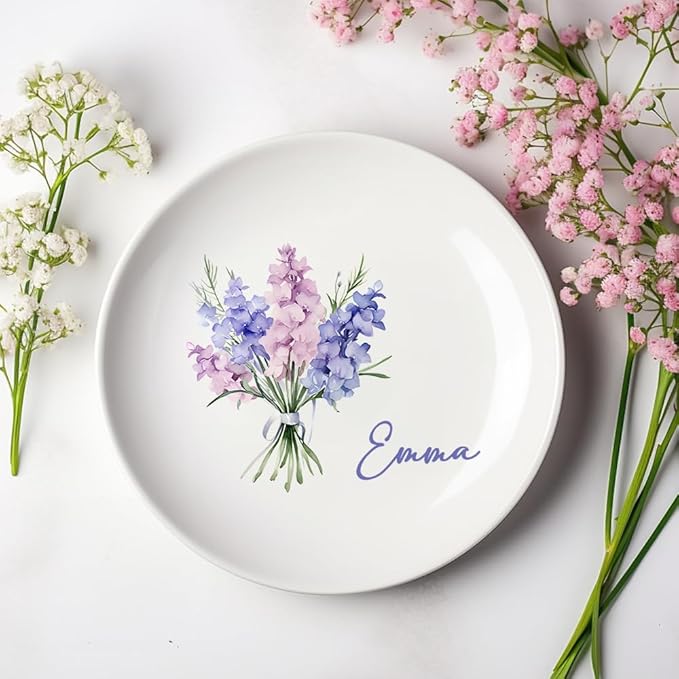 Custom Ceramic Jewelry Tray Birth Flower Personalized Name Decorative Trinket Dish for Rings Earrings Necklaces Birthday Christmas Bridesmaid Gifts for Women Her Size 4"×4"