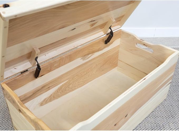 Amish Made Wooden Storage Chest Trunk Box with Lid and Handles for Bedroolanket, Clothes, Anti-Slam Hinges, Handmade, Rustic Hickory Wood, Natural Stain, 36"