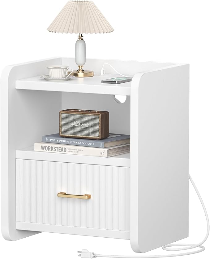 Night Stand with Charger Station, Fluted Nightstands Set of 2 with Drawer, Modern Bedside Table Set of 2, Wide Nightstands for Bedroom, Mid Century Wooden Night Stands for Home Sofa Couch
