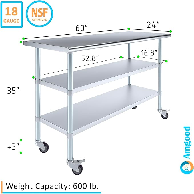 AmGood Stainless Steel Work Table with 2 Shelves and Casters | Metal Utility Table On Wheels (Stainless Steel Work Table with 2 Shelves + Casters, 60" Long x 24" Deep)