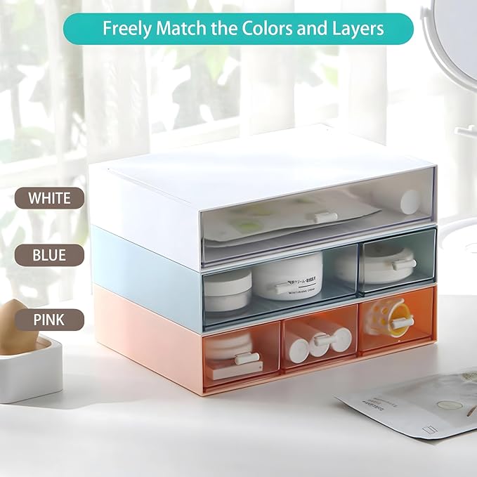 Desktop Organiser with 5 Drawers, Stackable Plastic Storage Box on Desk, Small Drawers Storage Unit for Home Collection, Cosmetics, Office Supplies (2 Flat Layers, Pink)