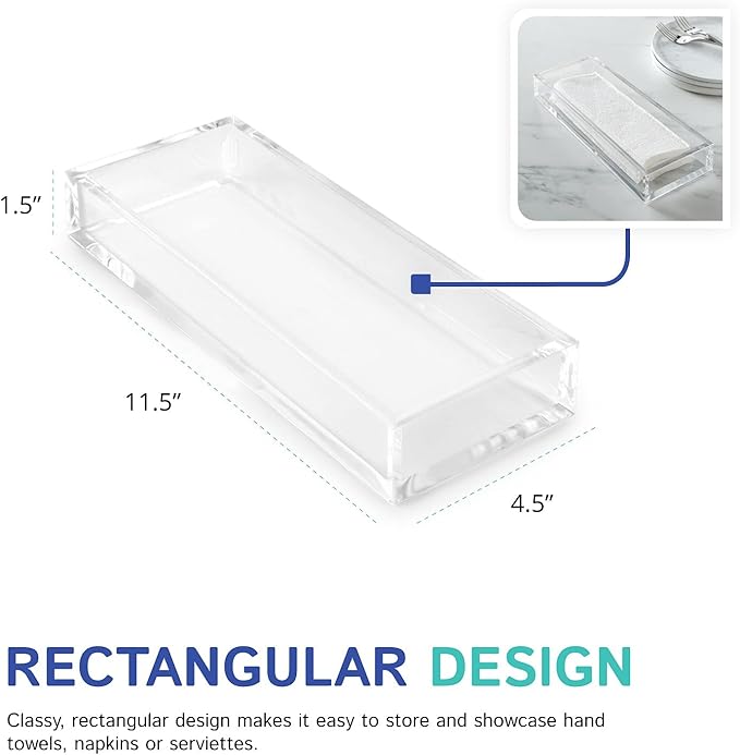 Huang Acrylic Clear Hand Towel Tray 11"x4" (10.5"x3.5" Internal) | for Bathrooms, Kitchens, Hosting, Picnics, Parties | Long Lasting Premium Acrylic Construction
