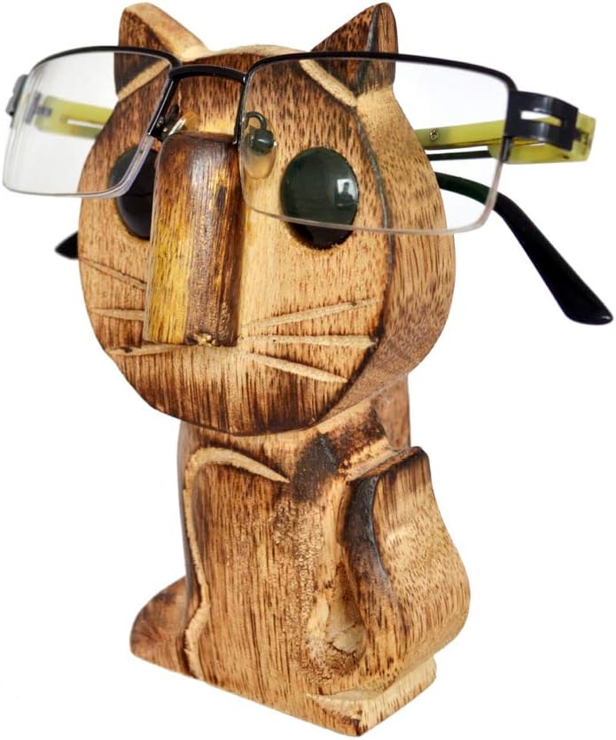 ETROVES Wooden Cat Eyeglass Holder - Bedside Wood Eye Glass Holder/Stand, 5 Inch, Brown