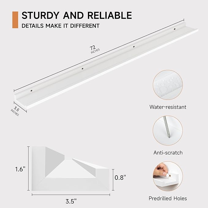 Floating Picture Ledge Shelves for Wall Set of 2, 72 Inches Picture Ledge Shelf with Long Large Nursery Book Shelf for Toys Storage Kids Bookshelf Wall Mounted Living Room Bedroom Decor Frames, White