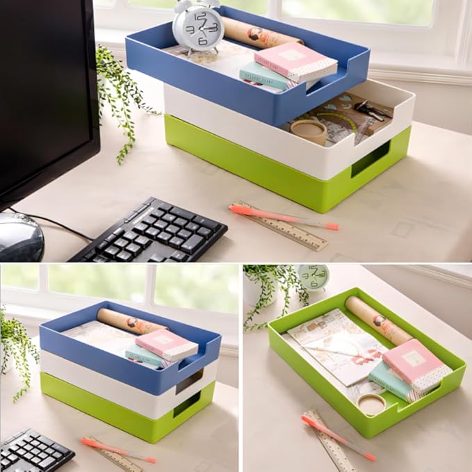 Letter-Size Tray, Desk Drawer Organizer, A4 Plastic Paper Tray for Office, School, Home Storage, and Storage Containers for Christmas Ornaments, Gift Wrap, and Crafts (Blue)