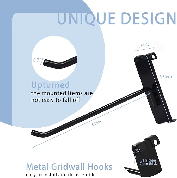 Gridwall Hooks 6 Inch,50PC Display Hooks for Grid Wall Heavy Duty Gridwall Hook for Grid Wall Panel Gridwall Peg Hook Black