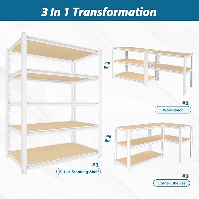 PrimeZone 3 Packs 36" W x 16" D x 72" H Closet Storage Shelves - 5 Tier White Metal Connector Shelving, Adjustable Heavy Duty Garage Shelves, Utility Rack Organizer Shelf for Kitchen Pantry Garage