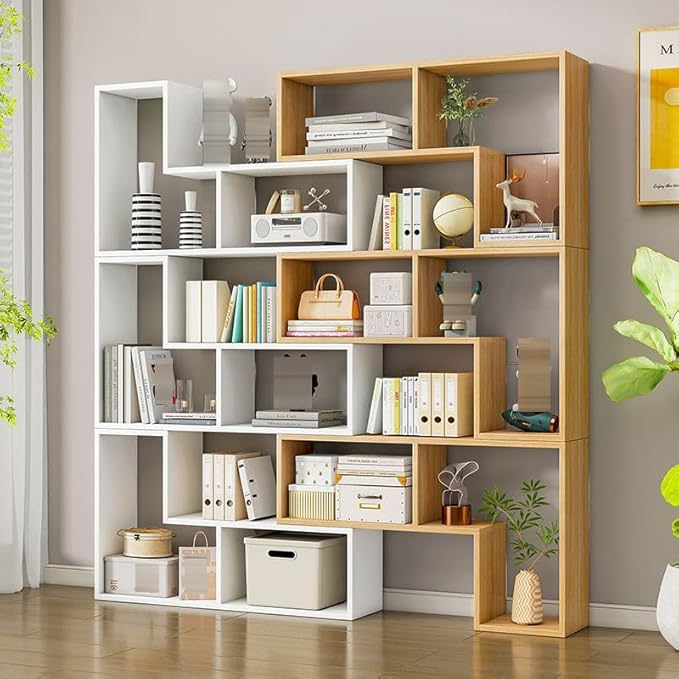 Expandable Bookcase with Adjustable Width,Wooden Room Divider Bookshelf,Standing Display Storage Organizer for Living Room,Study Room or Home Office