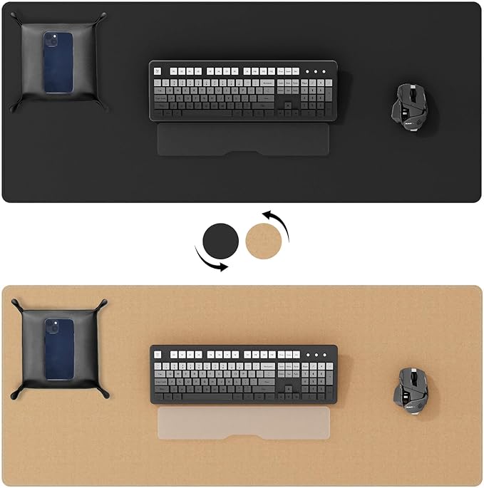 DAWNTREES Dual Sided Desk Mat,Leather Desk Pad,47.2''x15.8'',Cork Desk Mat Protector,with PU Leather Valet Tray Organizer,Large Mouse Pad,Desk Writing Pad for Office and Home(Black)