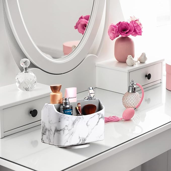 YAPISHI White Marble Leather Remote Control Holder,360 Degree Spinning Desk TV Remote Caddy/Box,Beside Table Organizer for Controller,Media,Makeup, Mobile Phone and Pen/Pencil Stationery Storage