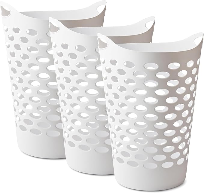 2.2 BUSHEL Flexible Laundry Basket,Tall plastic hamper for Clothes, Bedroom, and Storage - Portable Round Bin with Carry Handles 17.75" x 17.25" x 26", White,Black,3 pack (White)