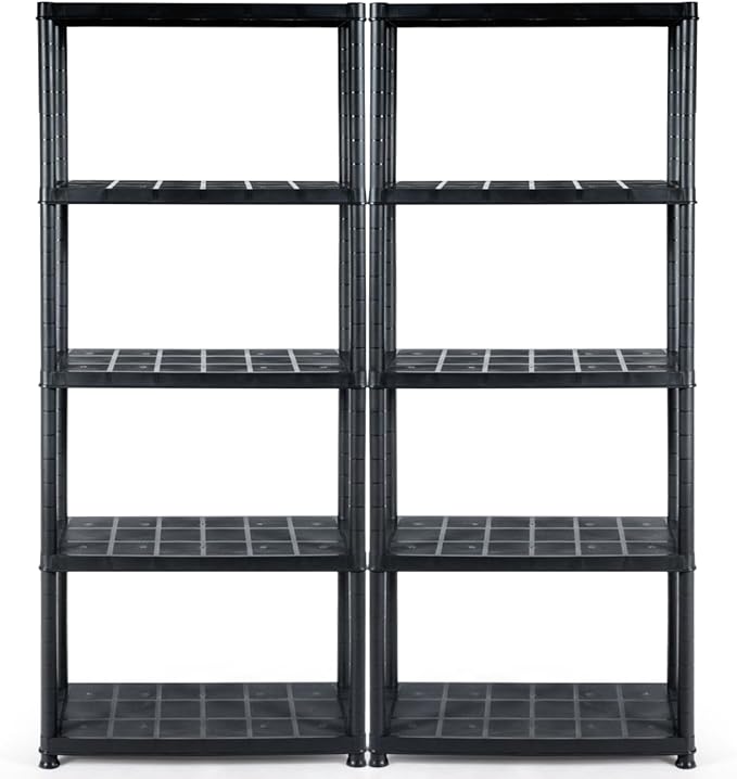 IRONMAX 5-Tier Plastic Storage Shelves, Multi-Purpose Display Shelf Rack, Light Duty Storage Shelving Unit for Laundry Pantry Closet, Black (2, 28“L X 15”W X 67“H)
