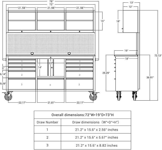 CT Copper Tailor 72-Inch Rolling Tool Chest with 11 Drawers & 4 Cabinets, Pegboard, Power Strip,LED Light,Mobile Workbench for Garage,Workshop,Stainless Steel