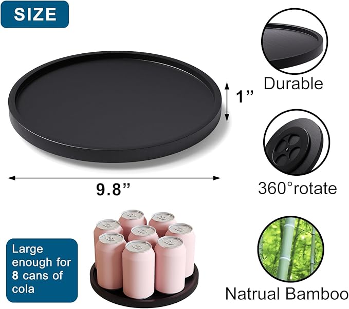 Lazy Susan Organizer for Kitchen,Bamboo Turntable for Cabinet,Pantry,Vanity,Middle（Black）