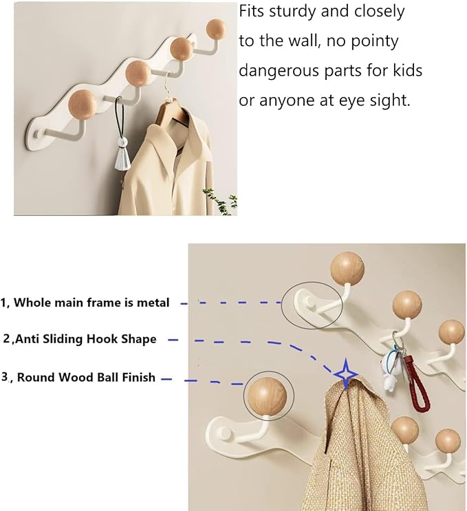Coat Rack Wall Mount,White Wall Hooks Adhesive & Screw in,Anti-Tear Wooden Ball Hook Rail, Heavy Duty Metal Coat Hanger Wall Mount for Entryway, Bathroom, Bedroom, Kitchen2PACK (5-tri Hooks)