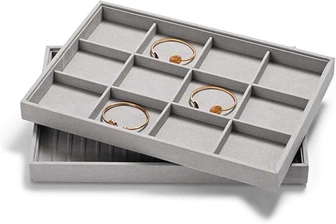 12 Grids Microfiber Jewelry Trays Bracelets Tray Stackable Jewelry Organizer Trays for Drawer Bracelet Holder Earring Tray For Bracelet Bangle Earrings Watches Storage (Grey)
