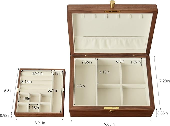 Solid Black Walnut Wood Jewelry Box With Velvet Lining,Personalized Ring and Necklace Box for Women and Girls,Brass Lock and Handle (With lock)