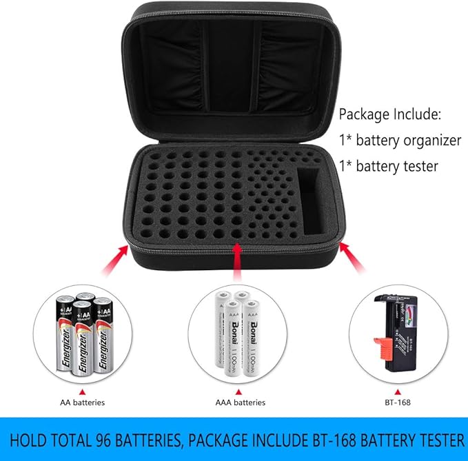 Comecase Battery Organizer Storage Box Case Holder for 48 x AA, 48 x AAA Total 96 Batteries with Battery Tester, Extra 2 Pockets for Other Accessories