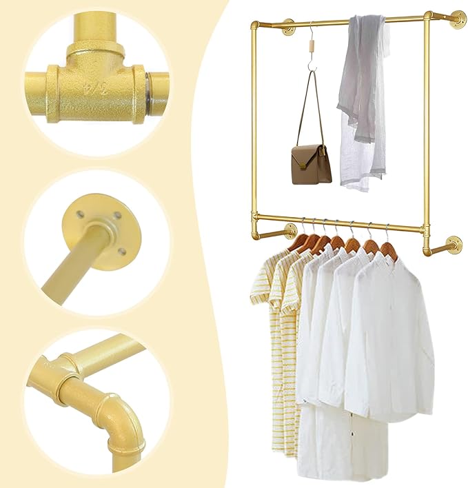 Gold Wall Mounted Clothes Rack, Industrial Pipe Garment Rack Hanging Rod Bar for Closet Storage,Laundry Room Up to Max Load 110lbs