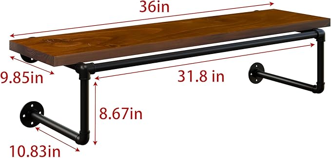 Clothes Rack 36in, Wall Mounted Garment Racks with Real Walnut Wood Shelves, Heavy Duty Hanging Clothes Rack, Multi-Purpose Hanging Rod, Space-Saving Closet Storage