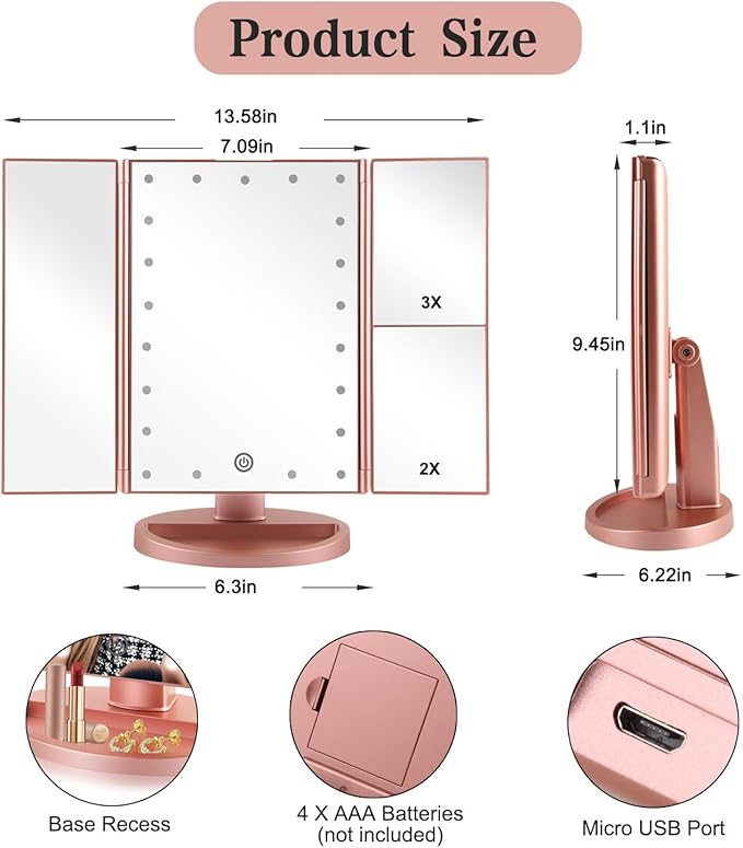 Tri-fold Lighted Vanity Makeup Mirror with 3x/2x Magnification,21 LEDs Light and Touch Screen,180 Degree Free Rotation Countertop Cosmetic Mirror,Travel (Rose Gold)
