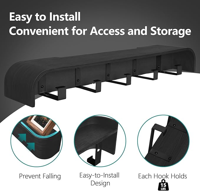 Coat Rack Wall Mount with Hidden Hooks Modern Key Holder Wood Entryway Hook with Shelf for Bedroom Kitchen Hallway Bathroom Designed for Hanging Coats Hats Bags Towels Dog Leashe(Black,5 Hooks)