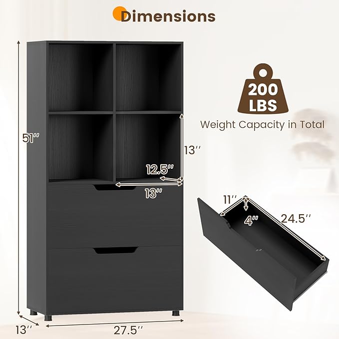 GOFLAME 4-Tier Bookcase with 2 Drawers, 51” Tall Bookshelf with 4-Cube Open Shelf, Wood, Modern, Freestanding Display Storage Organizer Shelf for Living Room, Home Office (2,Black)