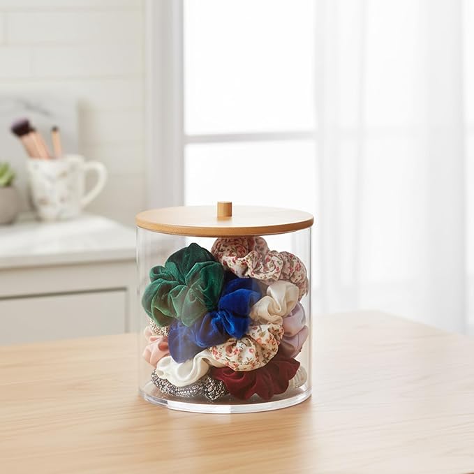 2Packs Scrunchie Organizers Holder，Hair Accessories Organizer with Wooden Lid,Acrylic Hair Tie Clip for Bathroom Storage Organizer & Beauty Supplies(Clear)