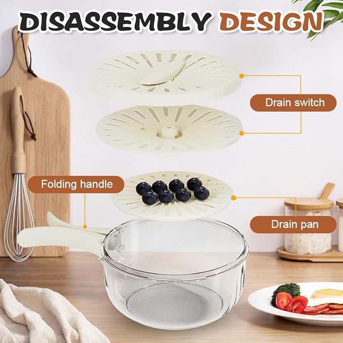 Multi-Functional Fruit and Vegetable Washing Bowl, Fruit Strainer Container with Lid, 2 In 1 Sealed Drainer Basket, Drainer and Freshness Basket, Kitchen Tool with Foldable Handle (Brown 2pcs)