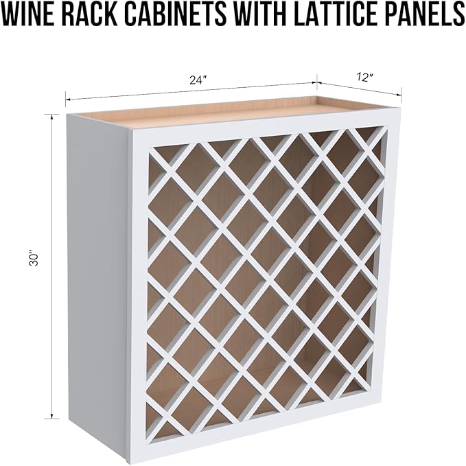 Solid Wood RTA Wine Bottle Rack Wall Cabinet with Lattice Panels - Bottle Holder Storage for Bar, Pantry, or Wine Cellar - Mocha Finish Countertop Solution (White, 24'W 12'D 30'H)