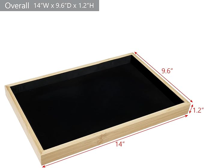 MOOCA 2 Pcs Bamboo Jewelry Display Tray, Presentation Tray, Organizer for Rings, Necklaces, Earrings, and Accessories, Black Color, 14" W x 9.6" D x 1.2" H